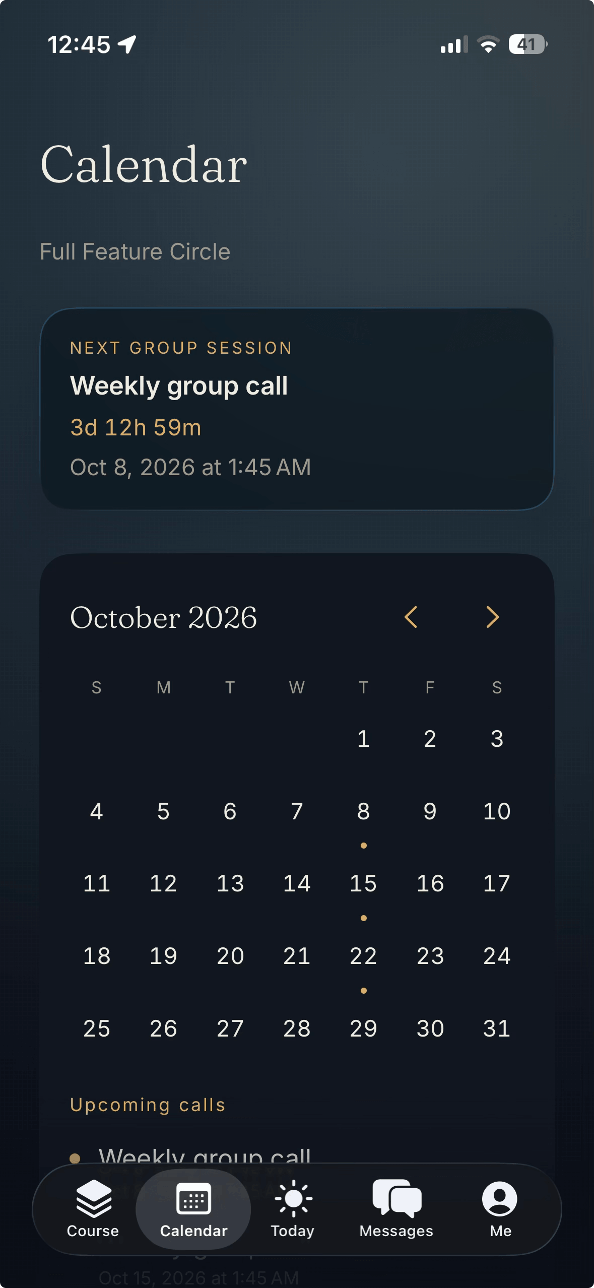 Meridian Calendar screen