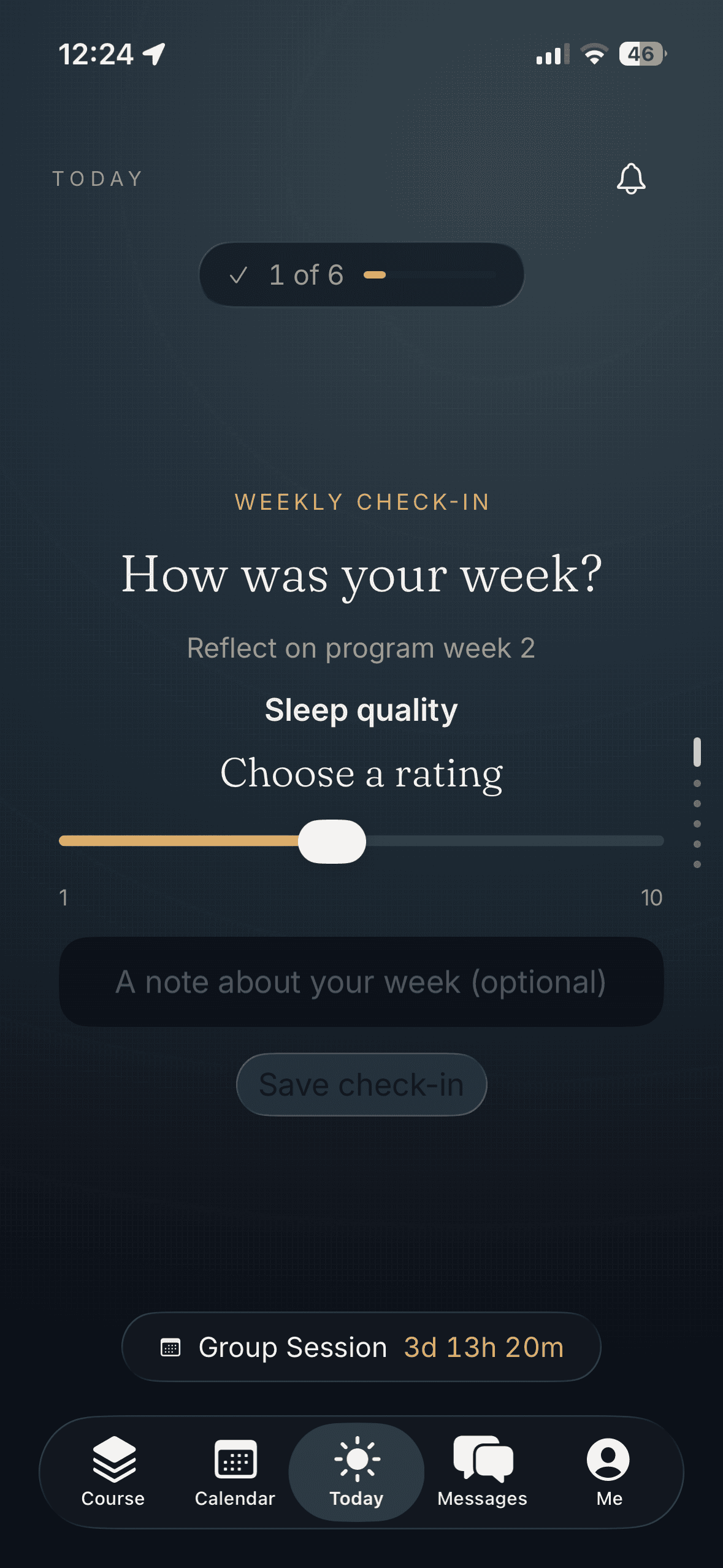Weekly check-in: track sleep quality and reflect on progress